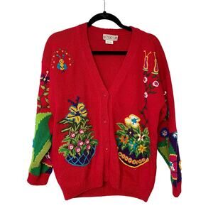 Vtg Accento Cardigan Teacher Grannycore Flowers Embroidered Novelty Red L?